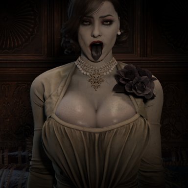 resident evil, resident evil 8: village, alcina dimitrescu, emberstock, ahe gao, cleavage, large breasts, larger female, looking at viewer, open mouth, shiny skin, tongue out, 3d