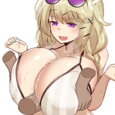 arknights, utage (arknights), leginfs (ppppriver), 1boy, animal ear fluff, animal ears, bangs, between breasts, bikini, braid, breast press, breast squeeze, breasts, brown hair, cleavage