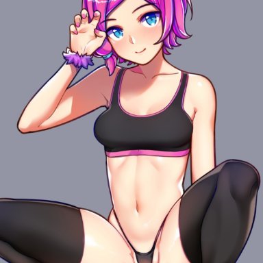 paladins, maeve (paladins), ikkimay, 1girl, barefoot, black underwear, blue eyes, cat ears, clothed, clothing, feet, female, female only, looking at viewer, partially clothed