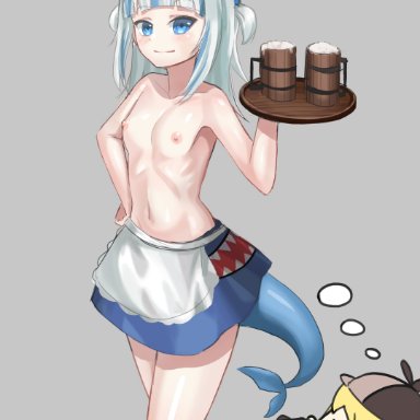 hololive, hololive english, gawr gura, watson amelia, 2girls, apron, bare chest, beer, blonde hair, blue eyes, blue hair, blue skirt, camera, female focus, female only