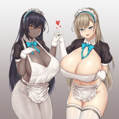 blue archive, asuna (blue archive), karin (blue archive), zb, 2girls, apron, big breasts, blue eyes, blush, bow, breasts, cleavage, covered navel, covered nipples, dark-skinned female