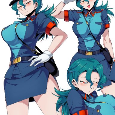 nintendo, pokemon, pokemon (anime), officer jenny (pokemon), suzusiigasuki, bangs, bare thighs, belt, big breasts, blue hair, blush, buttons, collared shirt, female, gloves