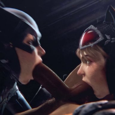 batman: arkham knight, batman (series), dc, barbara gordon, batgirl, catwoman, selina kyle, bayernsfm, 1boy, 2girls, all the way to the base, ball lick, ball sucking, blowjob, collaborative fellatio