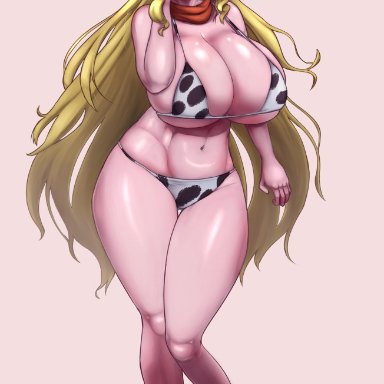 rwby, yang xiao long, kingjnar, 1girls, blonde hair, blush, cow ears, cow girl, cow horns, cow print, cow print bikini, cowgirl, curvy, femsub, fit female