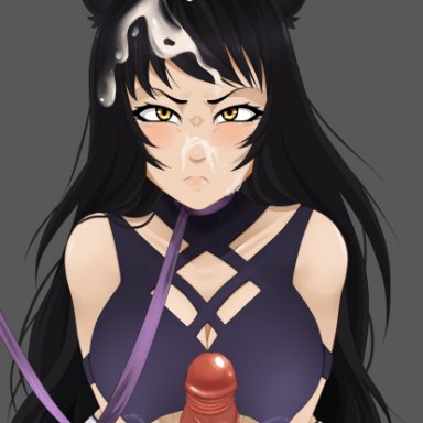 rwby, blake belladonna, butterflybluelady, angry, black hair, cat ears, cum, cum in hair, cum on face, leash, penis, very long hair