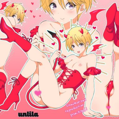 nagano rira, 1boy, anus, ass, blonde hair, blush, boots, bulge, crossdressing, demon boy, demon tail, femboy, from behind, girly, heart