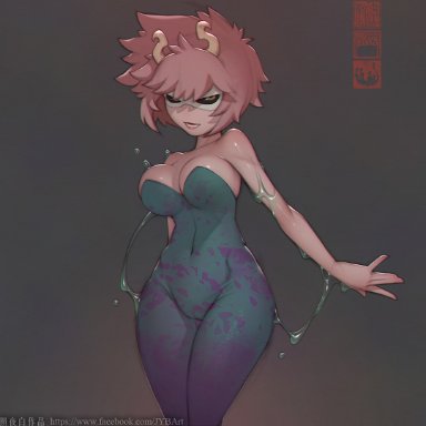 my hero academia, mina ashido, jybart, 1girl, abstract background, big breasts, breasts, eye mask, female, female only, grease, horns, looking at viewer, one piece suit, open mouth