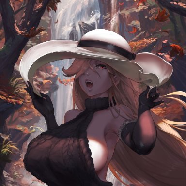 cutesexyrobutts, armpits, autumn leaves, bare shoulders, blonde hair, elbow gloves, fangs, gloves, hat, huge breasts, lips, long hair, looking at viewer, lucretia (doctor masube), nature