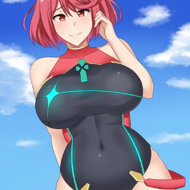 nintendo, xenoblade (series), xenoblade chronicles 2, pyra, nsfwaifu, 1girls, arm behind back, bangs, belly button, blue sky, blush, breasts, cameltoe, competition swimsuit, detailed background