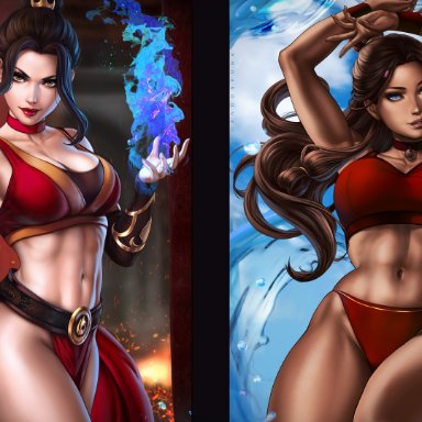 avatar the last airbender, nickelodeon, azula, katara, dandon fuga, 2girls, big belly, big breasts, blue eyes, bra, breasts, brown eyes, brown hair, child bearing hips, chocolate and vanilla