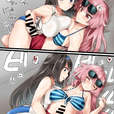 girls frontline, ntw-20 (girls frontline), super sass (girls frontline), minase (takaoka nanase), !, !!, 1futa, 1girls, adapted costume, alternate costume, asymmetrical docking, bikini, black hair, blue eyes, breast press