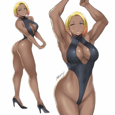 shibusun, abs, armpits, arms up, ass, bare shoulders, belly, big breasts, black high heels, breasts, cleavage, cleavage cutout, covered navel, covered nipples, dark-skinned female