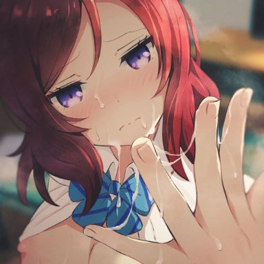 love live!, love live! school idol project, nishikino maki, asou (asabu202), 3:, bangs, blue bow, blue neckwear, blurry, blurry background, blush, bow, bowtie, breasts, breasts outside