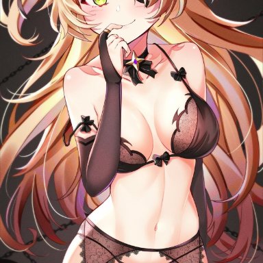 genshin impact, fischl (genshin impact), 1girls, black bra, black panties, blonde hair, bra, breasts, chains, demon tail, eyepatch, female, garter belt, garter straps, green eyes