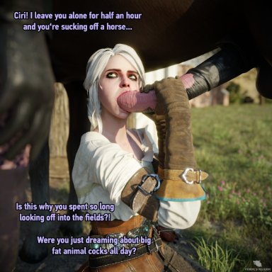 the witcher, ciri, yennefer, fenrir'srevenge, 1animal, 1boy, 2girls, animal genitalia, erection, fellatio, female, feral, feral on female, handjob, horse