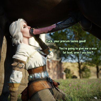 the witcher, ciri, fenrir'srevenge, 1animal, 1boy, 1girls, animal genitalia, erection, fellatio, female, feral, feral on female, horse, horsecock, huge cock