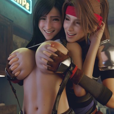 final fantasy, final fantasy vii, final fantasy vii remake, jessie rasberry, tifa lockhart, batesz, 2girls, areolae, big breasts, black hair, breast grab, breasts, brown hair, female, female only