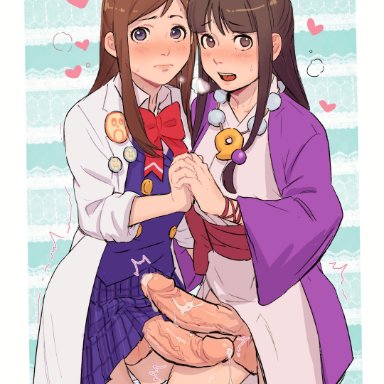 ace attorney, gyakuten saiban, ema skye, houzuki akane, maya fey, vivi9586, 2futas, balls, big penis, blush, clothed, clothing, cum, cute, duo