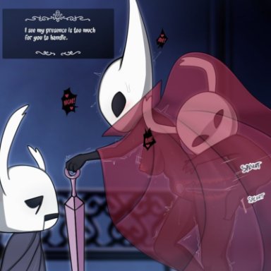 hollow knight, team cherry, hornet (hollow knight), protagonist (hollow knight), zote, scocks4you, breasts, female, female penetrated, heart, holding object, holding weapon, larger female, male, male/female