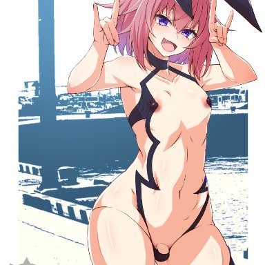 fate/grand order, fate (series), astolfo (fate), shuten douji (fate) (cosplay), cilica, areola, areola slip, bare shoulders, belly, black legwear, black thong, bulge, bunny ears, collarbone, eyebrows visible through hair