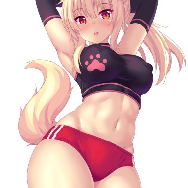 tiffy, tiffynyaa, animal ears, armpits, arms behind head, arms up, blonde hair, blush, breasts, buruma, erect nipples, erect nipples under clothes, hairbow, looking at viewer, navel