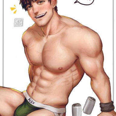 stardew valley, alex (stardew valley), gea, greentea, 1boy, abs, bara, biceps, big pecs, brown hair, bulge, can, cans, cards, gay