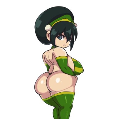 avatar the last airbender, toph bei fong, iggy-bomb, 1girls, ass, big ass, big breasts, black hair, breasts, female, gloves, shortstack, solo, standing, thick thighs