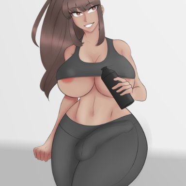 sunk118, 1futa, areola slip, areolae, big breasts, big lips, big penis, breasts, brown eyes, brown hair, bulge, clothed, clothing, dark-skinned futanari, dark skin