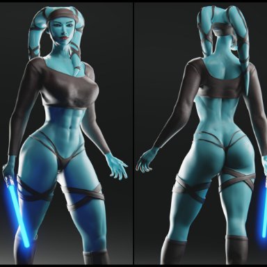 star wars, aayla secura, twi'lek, el-recondite (artist), 1girls, abs, alien, ass, athletic, athletic female, back view, blue lightsaber, blue skin, boots, breasts