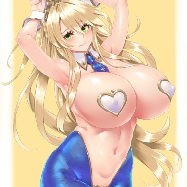 fate/grand order, fate (series), artoria pendragon (lancer), hayama kazusa, 1girl, belly, big breasts, blonde hair, blue legwear, blue necktie, blush, breasts, bunny ears, cleavage, closed mouth