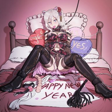 god eater, god eater 2: rage burst, happy new year, new year, alisa ilinichina amiella, reptileye, anal tail, animal ears, arms behind back, ball gag, bed, belt, black legwear, blue eyes, bondage