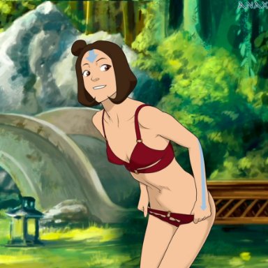 avatar the last airbender, nickelodeon, the legend of korra, jinora, anaxus, 1girls, air nomad, airbender tattoo, belly, belly button, bent over, bra, bridge, brown eyes, brown hair