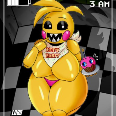 five nights at freddy's, five nights at freddy's 2, chica (fnaf), toy chica (fnaf), lobokosmico, big breasts, camera view, finger in mouth, kneeling, looking at viewer, on knees, robot, sharp teeth, thick thighs, underwear