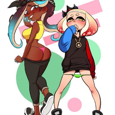 splatoon, splatoon 2, splatoon 2: octo expansion, inkling, marina (splatoon), octoling, pearl (splatoon), iseenudepeople, alternate costume, bandana, black hair, blush, chocolate and vanilla, crop top, dark skin