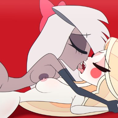 hazbin hotel, charlie magne, vaggie, aobacarry, breasts, closed eyes, female, female/female, female only, handwear, kissing, nude, open mouth, tongue, tongue out