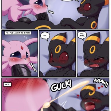 nintendo, pokemon, eeveelution, espeon, pok&#233;mon (species), umbreon, modca, blue eyes, blush, bodily fluids, brother, brothers, caught, cum, cum in mouth