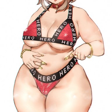 my hero academia, ochako uraraka, keigi (artist), 1girls, bikini, bimbo, bracelet, cameltoe, child bearing hips, chubby, collar, female, female only, huge breasts, slightly chubby