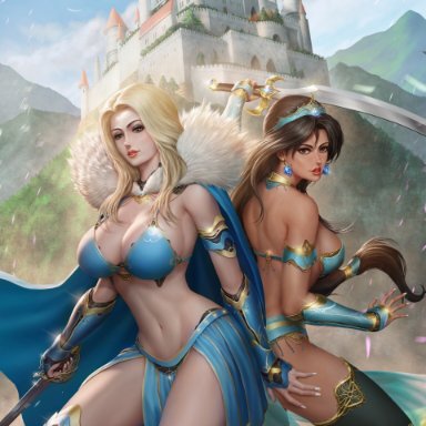 cinderella, disney, disney princess, princess jasmine, chrisnfy85, 2girls, arabian, bikini armor, blonde hair, blue eyes, brown eyes, brown hair, cape, cleavage, fingerless gloves