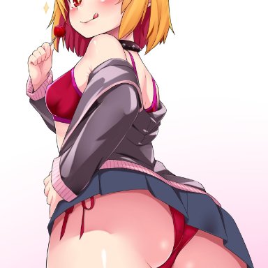 touhou, rumia, shiron (e1na1e2lu2ne3ru3), 1girls, ass, ass focus, black legwear, blonde hair, bra, collar, from behind, from below, hair ornament, hand on hip, jacket