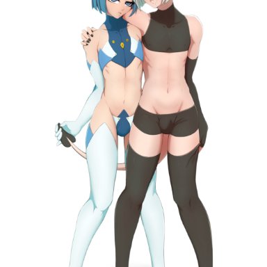 original, haruko (deadslot), mun (deadslot), deadslot4, 2boys, arm around shoulders, black nails, blue eyes, blue hair, boyshorts, bulge, demon, demon boy, demon horns, femboy