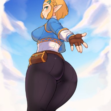 breath of the wild 2, the legend of zelda, princess zelda, zelda (breath of the wild), shnibbles, ass, blonde hair, bob cut, dat ass, demigoddess, hylian, leggings, pointy ears, princess, royalty