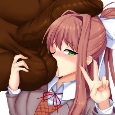 doki doki literature club, monika, morris, 1boy, 1girls, ball lick, ball worship, ballsack, bangs, big balls, big penis, brown hair, close-up, closed, dark-skinned male