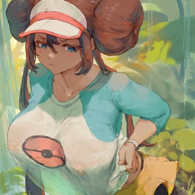 nintendo, pokemon, pokemon bw2, rosa (pokemon), cutesexyrobutts, 1girls, blue eyes, breasts, brown hair, detailed background, embarrassed, female, female only, fully clothed, hair bun