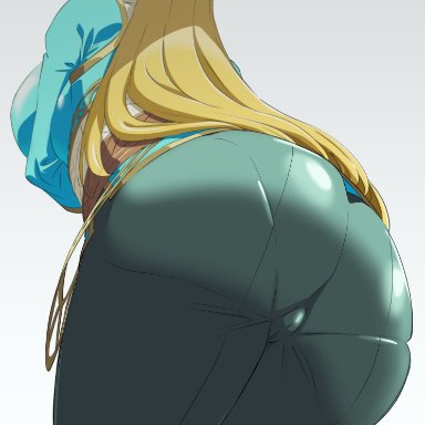 breath of the wild, the legend of zelda, princess zelda, zelda (breath of the wild), 1girl, ass, bending forward, cameltoe, fully clothed, leggings, long hair, pointy ears, thick ass, thick thighs, thighs