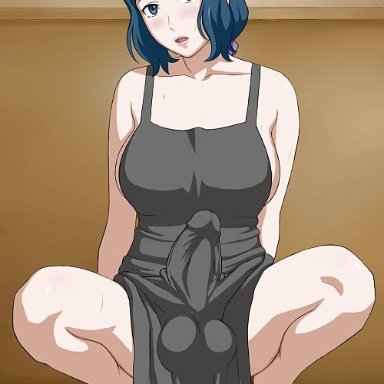 x bokkis, 1futa, apron, balls, big balls, big breasts, big penis, blue eyes, blue hair, breasts, dark blue hair, erection under clothes, futa only, futanari, human