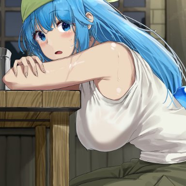 aqua (konosuba), armpit, baggy clothing, baggy pants, blue eyes, blue hair, blush, breasts, indoors, large breasts, leaning on object, looking at viewer, messy hair, seethrough clothing, shoulders