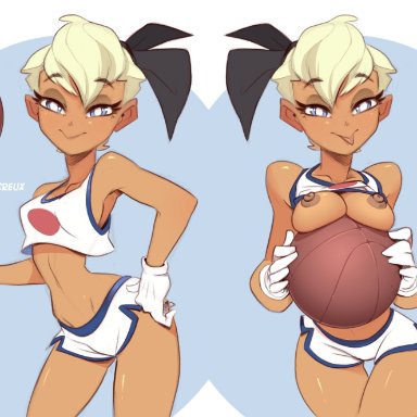 looney tunes, space jam, warner brothers, lola bunny, lefauxcreux, areolae, bare midriff, basketball, basketball uniform, big breasts, blonde hair, blue eyes, breasts, breasts outside, busty