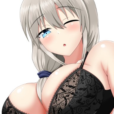 uzaki-chan wa asobitai!, uzaki tsuki, big breasts, black bra, blush, bra, breasts, covered nipples, eyebrows visible through hair, female, female focus, female only, grey hair, looking down, low-tied long hair