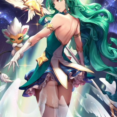 league of legends, riot games, soraka, star guardian soraka, oopartz yang, animal ears, green eyes, green hair, horn, stockings