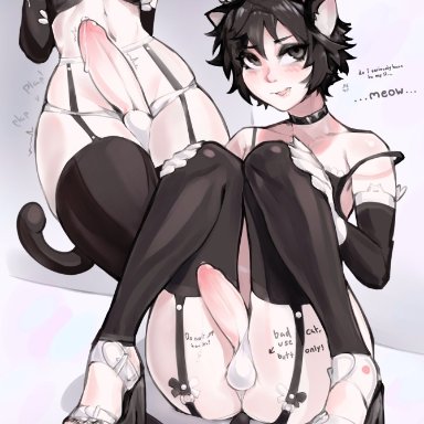 wojak comics, doomer boy, nelewdy, 1boy, animal ears, balls, big penis, eye contact, femboy, girly, looking at viewer, maid, maid headdress, maid uniform, male